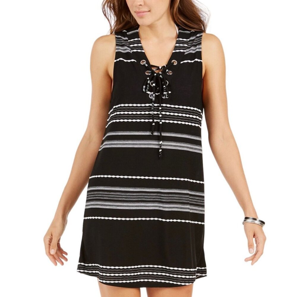 Dotti Womens Size S Black White Striped Swim Bathing Suit Cover Up Dress‎ NWT